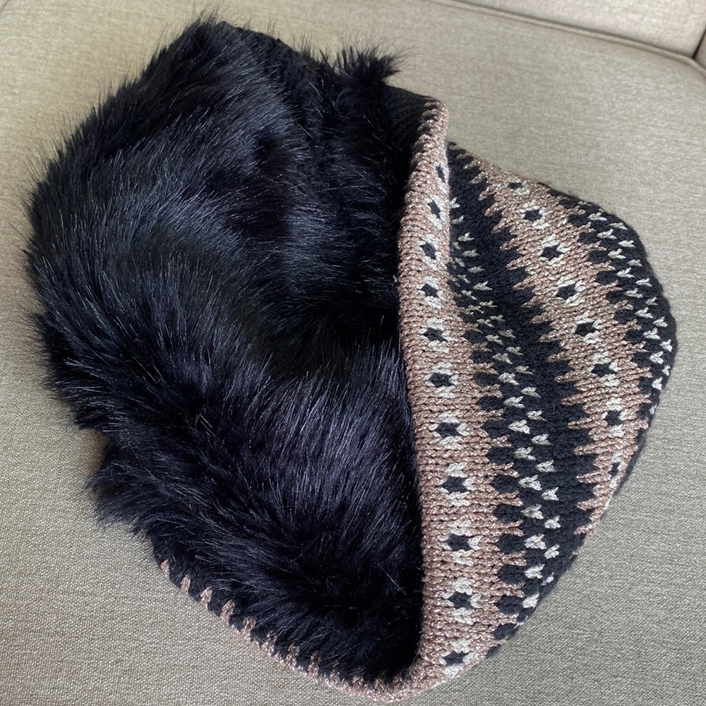 Faux Black Fur and Shimmery Gold Fair Isle Knit Infinity Scarf - Winter Glamour!